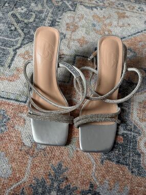 SHEIN Silver Rhinestone Strappy Square-Toe Heeled Sandals